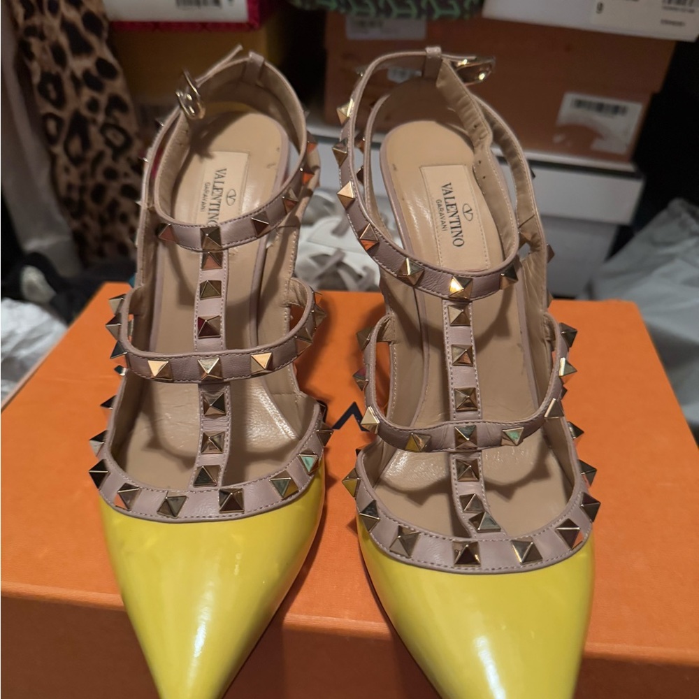 Valentino Yellow and Beige Studded Heels